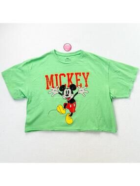 Disney Mickey Mouse Cropped Graphic T Shirt Lime Green Retro Y2K Women’s XL